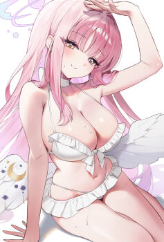 1girl absurdres angel_wings bare_arms bare_shoulders bikini blue_archive blush breasts choker cleavage closed_mouth collarbone commentary_request crescent davo221020 feathered_wings frilled_bikini frills halo highres large_breasts long_hair looking_at_viewer low_wings mika_(blue_archive) mika_(swimsuit)_(blue_archive) navel official_alternate_costume official_alternate_hairstyle pink_hair pink_halo purple_eyes smile solo stomach swimsuit v very_long_hair white_bikini white_choker white_wings wing_ornament wings yellow_eyes