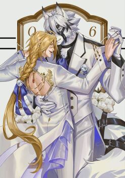 2boys :d ahoge animal_ear_fluff animal_ears ascot back_cutout belt belt_buckle black_belt black_choker black_hair black_nails black_shirt blonde_hair blue_ascot blue_ribbon body_fur bracelet braid buckle buttons choker closed_eyes clothing_cutout coattails collared_shirt commentary cowboy_shot crovius ear_piercing earrings english_commentary eyepatch fingernails flower gloves gold_ring hair_between_eyes hair_flower hair_ornament hair_ribbon hand_on_another&#039;s_back hands_up highres holding_hands hugo_vlad jacket jewelry lapels long_hair long_sleeves male_focus mole mole_on_back multicolored_hair multiple_boys muzzle_(mask) nail_polish one_eye_covered open_mouth pants parted_bangs parted_lips picture_frame piercing pointy_ears ribbon ring rose shirt short_hair sidelocks smile standing streaked_hair tail tail_belt teeth upper_teeth_only very_long_hair von_lycaon wedding_ring white_background white_flower white_fur white_gloves white_hair white_jacket white_pants white_rose wolf_boy wolf_ears wolf_tail yaoi zenless_zone_zero