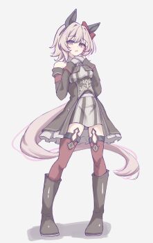 1girl animal_ears bare_shoulders black_boots black_hairband blush boots bow breasts coat commentary_request curren_chan_(fille_eclair)_(umamusume) curren_chan_(umamusume) dress ear_bow ear_covers full_body gloves grey_hair hairband highres horse_ears horse_girl horse_tail long_sleeves looking_at_viewer medium_breasts off-shoulder_coat off-shoulder_dress off-shoulder_jacket off_shoulder open_mouth purple_eyes red_bow red_thighhighs short_hair simple_background solo striped_clothes striped_dress tail thighhighs tofu_thunder umamusume vertical-striped_clothes vertical-striped_dress white_gloves