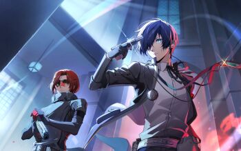 2boys belt black_coat black_gloves black_jacket black_ribbon blue_eyes blue_hair closed_mouth coat collared_shirt digital_media_player digital_walkman earphones_removed evoker gekkoukan_high_school_uniform glint gloves gun hair_over_one_eye holding holding_gun holding_weapon in-franchise_crossover indoors jacket kamishiro_nagisa male_focus multiple_boys neck_ribbon non-web_source official_art open_clothes open_jacket parted_bangs persona persona_3 persona_3_reload persona_5 persona_5:_the_phantom_x pointing pointing_at_self red-tinted_eyewear red_eyes red_hair ribbon school_uniform shirt short_hair tinted_eyewear upper_body walkman_nw-s203f weapon white_shirt wonder_(p5x) yuuki_makoto_(persona_3)