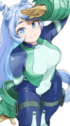 Rule 34 | 1girl, absurdres, blue bodysuit, blue eyes, blue hair, bodysuit, boku no hero academia, closed mouth, commentary, drill hair, fengling (furin-jp), gloves, green bodysuit, hadou nejire, highres, long hair, multicolored bodysuit, multicolored clothes, smile, solo, twin drills, yellow gloves