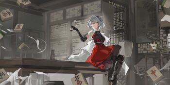 1girl absurdres architecture arm_up black_gloves black_necktie boots breasts brown_boots dice dress east_asian_architecture elbow_gloves eve_krist gloves grey_hair highres linkai looking_up mahjong mahjong_soul mahjong_tile medium_hair necktie puffy_short_sleeves puffy_sleeves red_dress red_eyes shirt short_sleeves sitting solo table white_shirt
