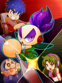 1girl 3boys antennae bandages blue_eyes blue_hair blush bodystocking breasts bright_pupils chair chairoino_ino clenched_teeth dango ebisumaru facepaint fishnet_armwear fishnet_bodystocking fishnets food food_in_mouth ganbare_goemon goemon green_eyes green_hair hands_on_own_cheeks hands_on_own_face headset japanese_clothes kimono kunai long_hair makeup mask mechanical_hands multiple_boys ninja open_mouth purple_eyes purple_hair reverse_grip robot robot_ears sash sasuke_(ganbare_goemon) shine short_kimono shoulder_pads smile spiked_hair split_image teeth thick_eyebrows topknot wagashi weapon wristband yae_(ganbare_goemon)