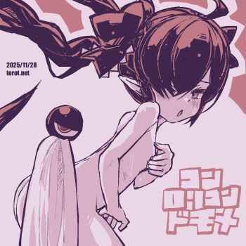 1girl ;o ahoge ass backbeako_(torotei) backbeard blush breasts commentary completely_nude covering_nipples covering_one_nipple covering_privates cowboy_shot dated dated_commentary from_side gegege_no_kitarou hair_over_one_eye hair_ribbon half-closed_eye holding holding_towel kono_lolicon_domome loli long_hair looking_at_viewer looking_to_the_side monochrome nude one_eye_closed open_mouth original paid_reward_available pink_background pink_theme pointy_ears ribbon simple_background small_breasts solo sweat torotei towel translated twintails variant_set very_long_hair watermark web_address