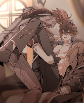 Rule 34 | 2boys, absurdres, blush, genshin impact, hand against wall, hand on another's thigh, highres, image sample, leg up, multiple boys, open clothes, open shirt, pixiv, pixiv sample, shisui53, sweatdrop, tartaglia (genshin impact), yaoi, zhongli (genshin impact)