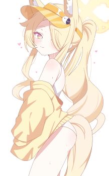 1girl :3 animal_ears blonde_hair blue_archive fox_ears fox_tail furaru heart loli seia_(blue_archive) seia_(swimsuit)_(blue_archive) sweat sweatdrop swimsuit tail yellow_eyes