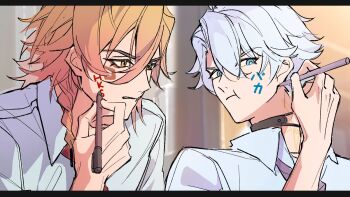 2boys antenna_hair black_choker blonde_hair blue_eyes body_writing braid chinese_commentary choker collared_shirt commentary_request drawing_on_own_face facial_tattoo gradient_hair highres holding holding_pen honkai:_star_rail honkai_(series) kimi_no_na_wa. male_focus medium_hair multicolored_hair multiple_boys mydei_(honkai:_star_rail) neck_tattoo parted_bangs pen phainon_(honkai:_star_rail) red_hair red_tattoo scene_reference shirt short_hair side_braid skylion05 sun_symbol sun_tattoo tan tattoo white_hair white_shirt yellow_eyes