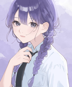 1girl adjusting_clothes adjusting_necktie black_necktie braid breast_pocket closed_mouth collared_shirt commentary_request grey_eyes limited_palette long_hair looking_at_viewer necktie nozawa_(nooo1709) original pocket purple_hair purple_theme shirt solo twin_braids upper_body watermark white_shirt