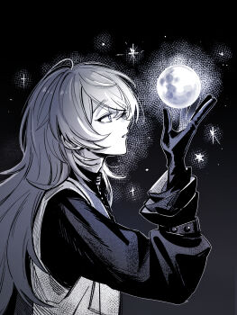 1boy attsei commentary_request gradient_background greyscale hand_up hatching_(texture) highres hoshirube_sho hoshirube_sho_(1st_costume) long_hair long_sleeves male_focus monochrome nijisanji parted_lips shirt sleeveless sleeveless_jacket solo sparkle star_(symbol) upper_body virtual_youtuber