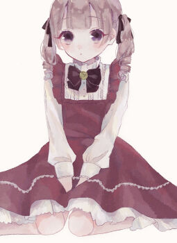 1girl between_legs black_bow black_bowtie black_ribbon blunt_bangs bow bowtie brown_hair commentary_request curusucururi doll_joints double-parted_bangs dress drill_hair frilled_shirt_collar frills hair_ribbon hand_between_legs highres joints light_blush long_sleeves looking_at_viewer medium_hair original parted_lips petticoat pinafore_dress purple_eyes red_dress ribbon shirt simple_background sitting sleeveless sleeveless_dress twin_drills twintails wariza white_background white_shirt