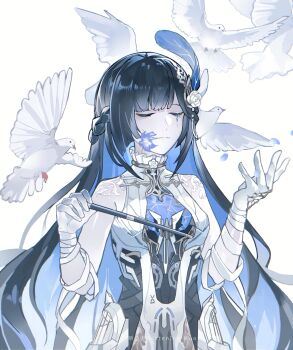 1girl absurdres artist_name asymmetrical_bangs bandaged_arm bandages bare_arms bird black_hair blue_flower blue_hair braid chinese_commentary closed_eyes collar colored_inner_hair commentary conductor_baton cracked_skin cyborg dove dress feather_hair_ornament feathers flower flower_in_eye frilled_collar frills gloves hair_flower hair_ornament highres holding_baton instrument_hair_ornament iris_(flower) long_hair loose_bandages mechabare multicolored_hair punishing:_gray_raven selena:_pianissimo_(pgr) selena_(pgr) simple_background sleeveless sleeveless_dress solo symbol_in_eye ting_zhi_yue upper_body very_long_hair white_background white_bird white_flower white_gloves