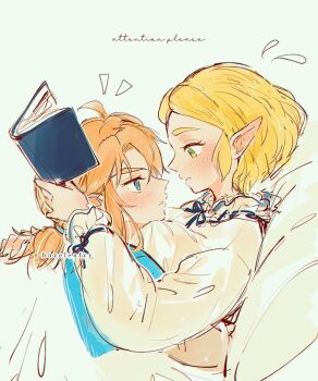 Rule 34 | 1boy, 1girl, arm around neck, artist name, between breasts, blonde hair, blue eyes, blue tunic, blush, book, breasts, commentary, couple, english commentary, face between breasts, flying sweatdrops, green eyes, hair between eyes, hair tie, hazeleafyy, head between breasts, hetero, holding, holding book, link, long sleeves, looking at another, low ponytail, medium breasts, medium hair, nintendo, parted bangs, parted lips, pillow, pointy ears, ponytail, princess zelda, puffy long sleeves, puffy sleeves, reading, shirt, short hair, sidelocks, sweatdrop, the legend of zelda, the legend of zelda: tears of the kingdom, tunic, under covers, upper body, white shirt