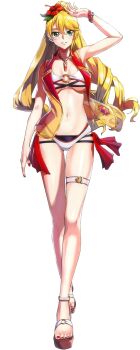 1girl bare_legs bare_shoulders barefoot bikini blonde_hair blush bracelet breasts cleavage code_geass code_geass:_genesic_re;code code_geass:_soubou_no_oz collarbone flower full_body green_eyes highres jewelry long_hair medium_breasts nail_polish official_art oldrin_zevon simple_background smile solo swimsuit translation_request very_long_hair white_bikini