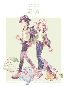 1boy 1girl bell-bottoms belt black_hair black_hat black_pants blue_belt blue_pants breasts brown_eyes brown_hair chikorita closed_mouth fangs gen_2_pokemon gen_5_pokemon gen_6_pokemon green_jacket harmony_(pokemon) hat holding holding_poke_ball jacket leaf legendary_pokemon long_sleeves mega_ring nintendo open_clothes open_jacket open_mouth pants paxton_(pokemon) poke_ball poke_ball_(basic) pokemon pokemon_(creature) pokemon_legends:_z-a red_eyes ribbed_socks ryokuno_green sharp_teeth shirt shoes short_hair smile socks starter_pokemon_trio striped_hat tail teeth tepig totodile white_hat white_shirt zygarde zygarde_core
