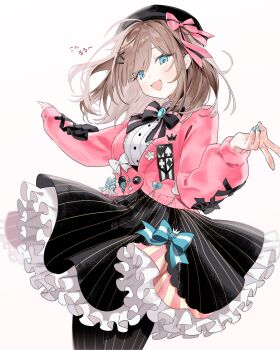 Rule 34 | 1girl, :3, :d, ahoge, beret, black bow, black bowtie, black hat, black pantyhose, black skirt, blue eyes, blue nails, blurry, bow, bowtie, breasts, brooch, brown hair, buttons, cardigan, center frills, club (shape), collared shirt, cowboy shot, cross-laced clothes, cross-laced sleeves, dangdidangdi, diamond (shape), fingernails, floating hair, frilled skirt, frills, gyaru v, hair ornament, hairpin, hands up, hashtag-only commentary, hat, hat ribbon, heart, high-waist skirt, highres, jewelry, large breasts, light blush, long sleeves, looking at viewer, medium hair, miniskirt, nail polish, nijisanji, open mouth, pantyhose, petticoat, pink cardigan, pink nails, pink ribbon, pinstripe pantyhose, pinstripe pattern, pinstripe skirt, puffy long sleeves, puffy sleeves, ribbon, shirt, simple background, skirt, sleeve bow, smile, solo, spade (shape), standing, star (symbol), striped bow, striped bowtie, striped clothes, striped ribbon, suzuhara lulu, suzuhara lulu (1st costume), swept bangs, translation request, v, virtual youtuber, white background, white shirt, wing collar, x hair ornament