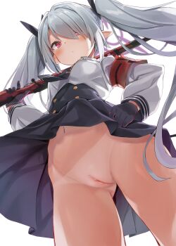 1girl absurdres armband black_gloves blue_archive breasts cleft_of_venus clitoris clothes_lift expressionless female_focus from_below gloves gluteal_fold gun hair_over_one_eye halo hand_on_own_hip highres holding holding_gun holding_weapon iori_(blue_archive) loli long_hair long_sleeves looking_at_viewer navel necktie no_panties nude_filter pointy_ears pussy red_eyes school_uniform silver_hair simple_background skirt skirt_lift solo tanlines third-party_edit toshizou_(0714) twintails uncensored weapon white_background