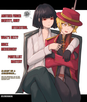 1boy 1girl @_@ black_background black_gloves black_hair blonde_hair bob_cut cigarette closed_mouth coat collarbone collared_shirt commentary crossed_legs english_commentary english_text fedora formal_clothes gloves gun hat highres holding holding_gun holding_weapon jacket jacket_on_shoulders leoderorero limbus_company long_sleeves open_mouth pants project_moon red_coat red_eyes red_suit ringed_eyes ryoshu_(project_moon) shirt short_hair simple_background sinclair_(project_moon) smile squiggle suit sweat thumb_(identity)_(project_moon) weapon white_background white_shirt yellow_eyes