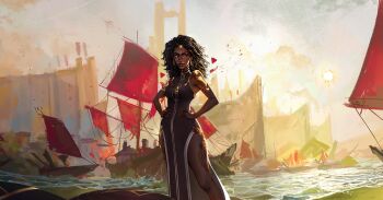 1girl absurdres arcane:_league_of_legends black_dress black_hair city dark-skinned_female dark_skin dreadlocks dress feet_out_of_frame freckles gold_nails gold_tattoo hand_on_own_hip highres league_of_legends long_hair maassi_(maa2sii) mel_(league_of_legends) parted_lips purple_lips scenery ship sideways_glance solo standing very_dark_skin water watercraft