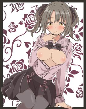 1girl absurdres arm_support black_border black_bow black_bowtie black_pantyhose black_skirt blush border bow bowtie breasts breasts_out collared_shirt commentary_request dress_shirt feet_out_of_frame floral_background frilled_shirt_collar frills grey_hair hair_bow highres idolmaster idolmaster_cinderella_girls imai_kana jirai_kei long_sleeves looking_at_viewer medium_breasts medium_hair nipples ohana._(komachi) open_clothes open_shirt outside_border pantyhose pink_shirt pleated_skirt shirt short_twintails sidelocks simple_background sitting skirt smile solo twintails white_background yellow_eyes