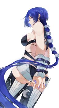 1girl absurdres arms_behind_back ass bare_shoulders black_boots black_shorts blue_hair boots bound bound_wrists breasts closed_mouth commentary cowboy_shot crescent crescent_earrings earrings from_behind hair_over_one_eye highres jewelry kaze// long_hair looking_at_viewer looking_back medium_breasts promeia_(zenless_zone_zero) purple_eyes purple_nails shorts simple_background solo thigh_boots two-tone_shorts very_long_hair white_background white_shorts zenless_zone_zero