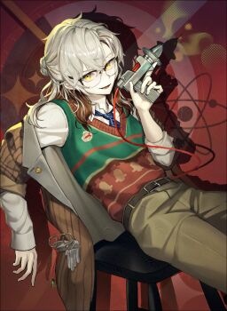 Rule 34 | 1other, :d, absurdres, androgynous, atom, belt, blue necktie, brown belt, brown hair, brown jacket, brown pants, colored tips, cowboy shot, glasses, green vest, gun, hand up, handgun, highres, holding, holding gun, holding weapon, jacket, looking at viewer, medicine pocket, medicine pocket (the cosmos photographer), multicolored hair, necktie, official alternate costume, on stool, open mouth, pants, red background, red vest, reverse:1999, shadow, shirt, sitting, smile, solo, stool, striped clothes, striped jacket, sweater vest, two-tone vest, vertical-striped clothes, vertical-striped jacket, vest, wamel (didwatermelon41), weapon, white hair, white shirt, yellow eyes