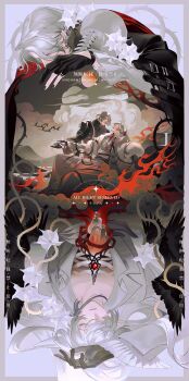 Rule 34 | 2boys, absurdres, bird, black gloves, black nails, brown hair, chinese clothes, closed eyes, cloud, ershisi shao qing, eyelashes, fingernails, flower, gloves, grey eyes, highres, long hair, long sleeves, male focus, multiple boys, multiple views, nail polish, original, parted bangs, partially fingerless gloves, short hair, skeleton, skull, sky, thorns, watermark, white flower, white hair