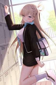 Rule 34 | 1girl, absurdres, arm up, bag, black jacket, black skirt, blonde hair, blue eyes, blue necktie, breasts, commentary request, from side, gs25, headphones, headphones around neck, high-waist skirt, highres, indoors, jacket, long hair, looking at viewer, looking to the side, lynae (wuthering waves), medium breasts, necktie, onabe no shime, revision, school bag, shirt, shirt tucked in, shoes, skirt, smile, solo, turning head, white bag, white shirt, white shoes, wuthering waves