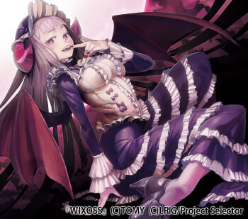 1girl anima_(wixoss) center_frills colored_eyelashes demon_girl demon_wings dress frilled_dress frills grey_hair highres kousaku looking_at_viewer nail_polish official_art open_mouth purple_dress purple_eyes red_nails solo teeth upper_teeth_only wings wixoss