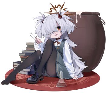 1girl absurdres black_panties black_pantyhose black_shoes blue_archive book book_stack brown_eyes brown_halo brown_ribbon buttons carpet cauldron chinese_commentary collared_shirt commentary_request crotch_seam diagonal-striped_ribbon double-breasted dress erlenmeyer_flask eyes_visible_through_hair fang flask full_body grey_dress grey_hair hair_between_eyes hair_ornament hair_over_one_eye halo hand_up highres holding holding_test_tube kanoe_(blue_archive) knees_up legs loafers loli long_hair long_sleeves looking_at_viewer messy_hair neck_ribbon nervous_smile on_floor one_eye_covered open_mouth painterliuhao panties panties_under_pantyhose pantyhose pinafore_dress pleated_dress pouring pouring_onto_self puffy_long_sleeves puffy_sleeves ribbon scar scar_on_neck shaded_face shadow shirt shoes simple_background single_bare_foot single_shoe sitting skin_fang sleeve_cuffs sleeveless sleeveless_dress smile smoke smoke_trail solo suggestive_fluid test_tube thighs toe_seam two_side_up underwear very_long_hair white_background white_liquid white_panties white_shirt