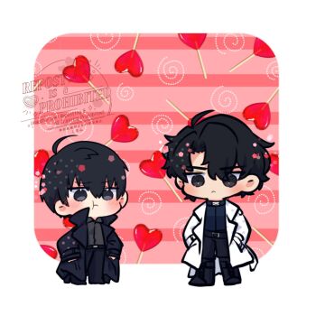 2boys :t belt black_coat black_eyes black_hair black_shirt coat collared_shirt commentary cosplay costume_switch double-parted_bangs full_body hair_between_eyes hands_in_pockets height_difference highres kim_dokja kimidori_22 male_focus multiple_boys omniscient_reader&#039;s_viewpoint open_clothes open_coat popped_collar shirt short_hair symbol-only_commentary white_coat yoo_joonghyuk