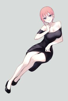 &gt;:) 1girl arm_support bare_legs bare_shoulders black_dress black_footwear blush breasts cleavage closed_mouth collarbone commentary dress formal_clothes full_body go-toubun_no_hanayome grey_background hair_between_eyes hand_up head_tilt high_heels highres index_finger_raised large_breasts legs_together nakano_ichika off-shoulder_dress off_shoulder pink_hair profnote short_hair simple_background sitting smile solo v-shaped_eyebrows
