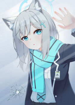 1girl animal_ear_fluff animal_ears aqua_necktie aqua_scarf black_skirt blue_archive blue_eyes blue_halo blue_jacket blush breast_pocket bright_pupils bullet_hole commentary commentary_request cross cross_hair_ornament english_commentary glass hair_ornament halo hand_up highres inverted_cross jacket korean_commentary long_sleeves looking_at_viewer medium_hair mismatched_pupils mixed-language_commentary necktie open_clothes open_jacket parted_lips pleated_skirt pocket scarf school_uniform shiroko_(blue_archive) shirt sidelocks skirt solo striped_clothes striped_scarf through_window ugaaaa1 upper_body white_pupils white_shirt wolf_ears