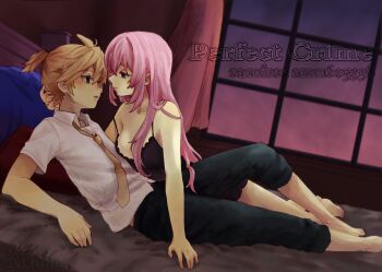 Rule 34 | black dress, breasts, cleavage, couple, derivative work, dress, girl on top, highres, implied sex, kagamine len, megurine luka, on bed, perfect crime (vocaloid), pink hair, punkish, sexually suggestive, shirt, tied shirt, valentine, vocaloid