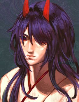 1girl acheron_(honkai:_star_rail) acheron_(izumo)_(honkai:_star_rail) commentary english_commentary eyeliner hair_intakes hair_over_one_eye highres honkai:_star_rail honkai_(series) horns japanese_clothes kimono long_hair makeup purple_eyes purple_hair red_eyeliner red_horns shuns simple_background solo upper_body very_long_hair white_kimono