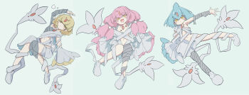 Rule 34 | 3girls, :d, absurdres, arm up, arm wrap, azelf, blonde hair, blue hair, forehead jewel, gen 4 pokemon, highres, leg wrap, legendary pokemon, long hair, looking at viewer, mesprit, multiple girls, navel, nintendo, open mouth, personification, pink hair, pokemon, quad tails, rein (3313), revealing clothes, short hair, smile, uxie, yellow eyes