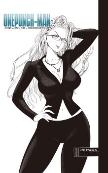 Rule 34 | absurdres, artist name, breasts, cleavage, commentary, copyright name, english commentary, glasses, greyscale, hand on own hip, hatching (texture), highres, large breasts, long hair, monochrome, mostlybluewyatt, navel, one-punch man, pentagram necklace, psychos (one-punch man)