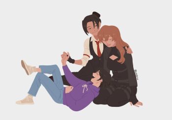 3girls above-cleavage_cutout black_bodysuit black_gloves black_hair black_vest bodysuit chest_belt clothing_cutout collared_shirt commentary english_commentary fingerless_gloves full_body gloves hair_bun han_sooyoung hand_on_another&#039;s_shoulder hand_on_own_stomach highres holding_hands hood hood_down hoodie jung_heewon knee_up lap_pillow long_hair looking_at_another lying multiple_girls necktie no_lineart omniscient_reader&#039;s_viewpoint on_back purple_hoodie red_necktie seiza shirt short_hair sitting smile umbrvx vest white_shirt yoo_sangah