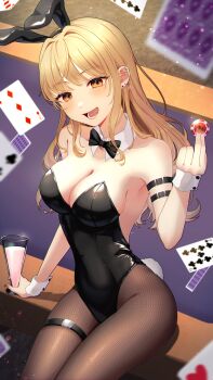 Rule 34 | 1girl, absurdres, amanegi toro, animal ears, bare shoulders, black bow, black bowtie, black hairband, black leotard, black pantyhose, blonde hair, blush, bow, bowtie, breasts, brown pantyhose, card, collar, cup, earrings, fake animal ears, fake tail, glass, hairband, highres, holding, jewelry, leotard, lower teeth only, medium breasts, open mouth, original, pantyhose, playboy bunny, poker chip, poker table, rabbit ears, rabbit tail, solo, strapless, strapless leotard, table, tail, teeth, thigh strap, white collar, white wrist cuffs, wrist cuffs, yellow eyes