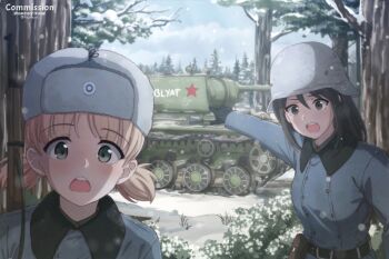 Rule 34 | 2girls, absurdres, aki (girls und panzer), blue coat, brown hair, bush, coat, commentary, commission, english commentary, finnish army, forest, girls und panzer, grey hair, hat, helmet, highres, kepincox, kv-1, long hair, looking at viewer, meme, mika (girls und panzer), military uniform, military vehicle, motor vehicle, multiple girls, nature, parody, pointing, pointing backward, short hair, short twintails, snow, snowing, tank, tree, twintails, two soyjaks pointing (meme), white hat, winter, winter clothes, winter coat