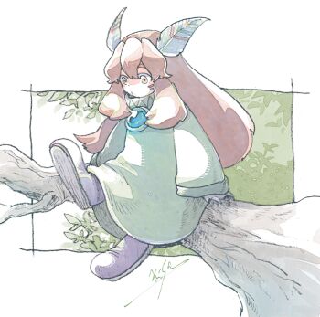 1other artist_name black_boots blue_gem boots border brown_eyes brown_hair chest_jewel facial_mark feather_hair_ornament feathers full_body gem green_robe hair_between_eyes hair_ornament in_tree long_hair michibata_65 popoi_(seiken_densetsu_2) robe seiken_densetsu seiken_densetsu_2 sidelocks sitting sitting_on_branch solo tree white_border