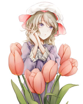 blonde_hair dress flower frills hair_between_eyes hand_on_own_cheek hand_on_own_face hat highres long_dress maribel_hearn medium_hair mob_cap multicolored_eyes open_mouth own_hands_together poteimo_(poteimo622) purple_dress purple_eyes simple_background touhou tulip two-tone_eyes white_background white_hat yellow_eyes
