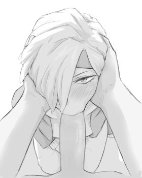 Rule 34 | 10s, 1boy, 1girl, :>=, bad id, bad pixiv id, blush, boku no hero academia, censored, clothed female nude male, ear piercing, earrings, fellatio, greyscale, hair over one eye, headband, hetero, holding detached head, jewelry, kneeling, long sleeves, looking up, monochrome, mosaic censoring, nude, oral, penis, piercing, pov, ryuukyuu, short hair, shpo, slit pupils, tatsuma ryuuko