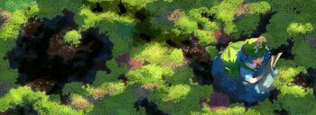 1girl backpack bag blue_dress blue_eyes blue_hair blueprint_(object) dress forest green_hat hair_bobbles hair_ornament hat highres kajatony kawashiro_nitori key leaf map nature open_mouth outdoors reading scenery short_hair solo sunlight touhou travel tree two_side_up water