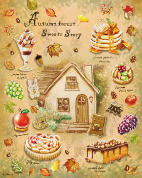 apple cake commentary_request cookie fig_tart food food_focus fruit fruit_tart grapes highres house leaf mushroom no_humans original pancake pancake_stack parfait pound_cake saku_sakuraba16 tart_(food)