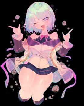 1girl :d bare_shoulders black_background black_skirt blue_eyes blue_hair bow bowtie breasts commentary commission cropped_legs english_commentary hands_up highres index_fingers_raised jacket jacket_partially_removed large_breasts long_sleeves looking_at_viewer microskirt one_eye_closed open_mouth original parted_bangs pink_bow pink_bowtie purple_jacket shirt short_hair skirt smile solo thighs usa37107692 white_shirt