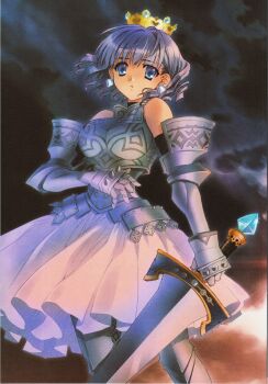 1girl armor armored_dress artbook atlus blue_eyes blue_hair carnelian curly_hair dress earrings gradriel gradriel_de_valendia highres jewelry princess_crown short_hair sword weapon