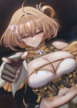 1girl absurdres ahoge anis_(nikke) breasts brown_hair caiman_pool goddess_of_victory:_nikke highres idol idol_clothes index_finger_raised large_breasts looking_at_viewer pointing pointing_at_viewer short_hair smile solo