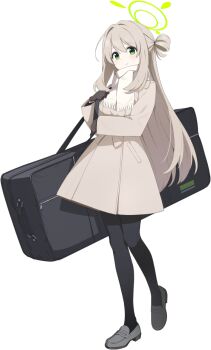 1girl 9ml black_pantyhose blonde_hair blue_archive blush breasts closed_mouth coat female_focus full_body game_asset green_eyes green_halo grey_shoes hair_intakes hair_rings halo hands_up happy heel_up holding_strap knees_together_feet_apart large_variant_set layered_sleeves loafers long_hair long_sleeves looking_at_viewer medium_breasts nonomi_(blue_archive) official_art pantyhose pocket scarf shoes sidelocks simple_background single_hair_ring smile solo split_mouth standing tachi-e third-party_source transparent_background variant_set weapon_case white_scarf winter_clothes winter_coat zipper_pull_tab