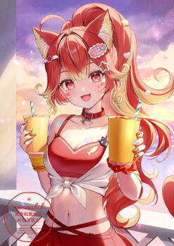 1girl :d ahoge animal_ear_fluff animal_ears bikini blonde_hair breasts cleavage cloud cloudy_sky commentary_request cup disposable_cup drinking_straw hair_intakes hair_ornament holding holding_cup horizon long_hair looking_at_viewer medium_breasts momoshiki_tsubaki multicolored_hair nail_art nail_polish navel nyamaharu_eru nyantasia ocean off_shoulder open_mouth outdoors polka_dot polka_dot_scrunchie ponytail red_bikini red_eyes red_hair red_scrunchie scrunchie shirt short_sleeves sky smile solo star_(symbol) star_hair_ornament streaked_hair sunset swimsuit tail tied_shirt very_long_hair virtual_youtuber water watermark white_shirt wrist_cuffs wrist_scrunchie