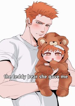 2boys absurdres animal_costume bear_costume bleach bleach:_epilogue carrying carrying_person child commentary_request english_text father_and_son highres kurosaki_ichigo kurosaki_kazui male_focus multiple_boys orange_eyes orange_hair sela_(chanppu) sideburns smile toned toned_male